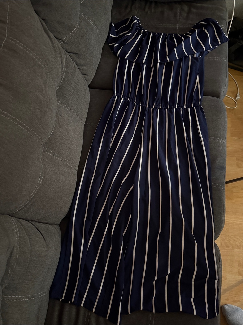 Navy Blue Off-Shoulder Striped Jumpsuit